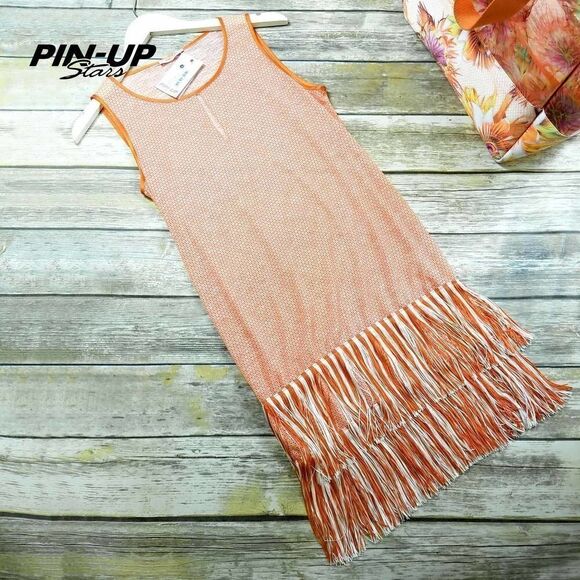 New Pin-Up Stars Women S US/EU 42 Dress Summer Sun Cover-Up Orange Fringe Mini - Picture 2 of 5